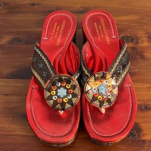 DONALD PLINER Size 8.5 Wedge Platform Sandal Red beaded Orange Jeweled Italy